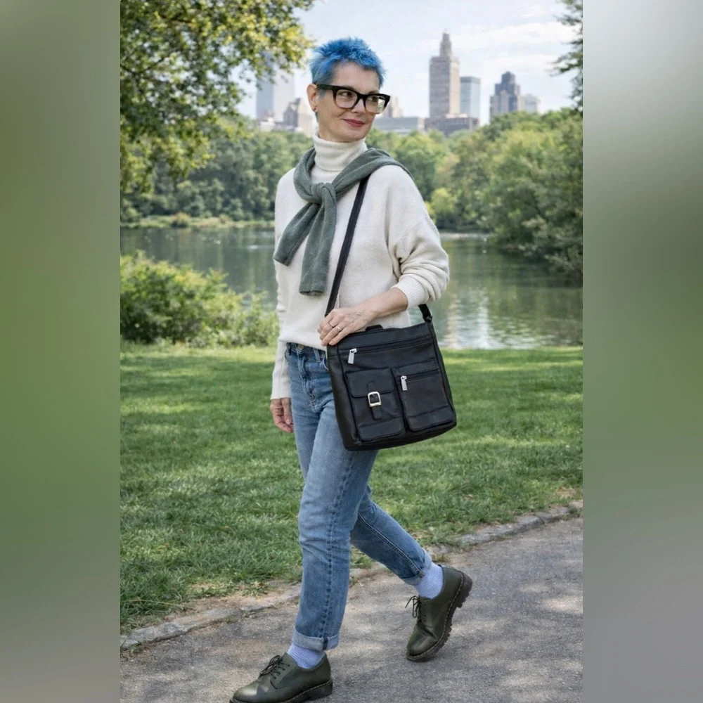 Black Leather Crossbody Bag with Multiple Pockets